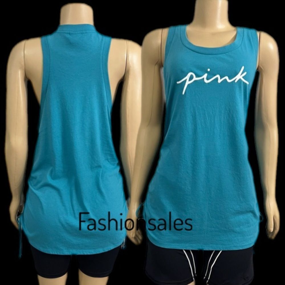 Victoria’s Secret Pink Logo Racerback Ruched Sides tank top Teal XLarge